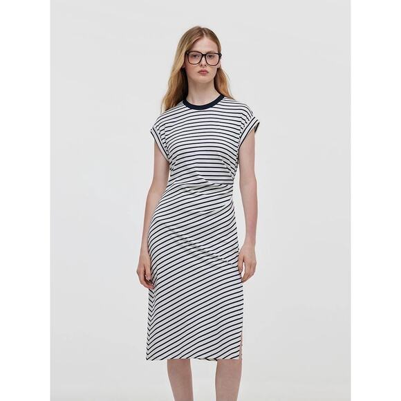 Goelia Navy Stripe Cap Sleeve Crewneck Side Slit Dress NWT - Picture 1 of 11